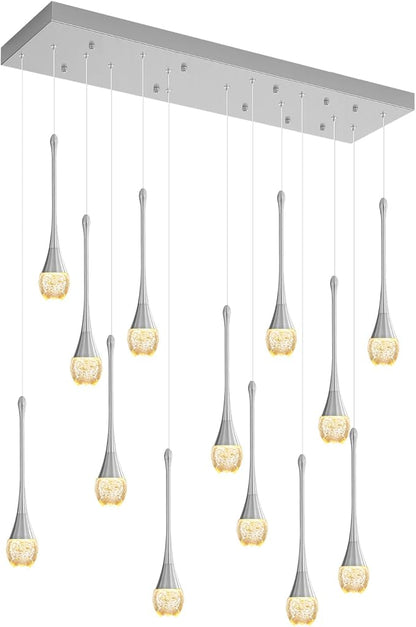 ykolupty Modern Rectangular Chandelier,14 Lights Silver Raindrop Chandelier Lighting,Industrial Linear Pendant Ceiling Light Fixture for Dining Living Room Kitchen Island