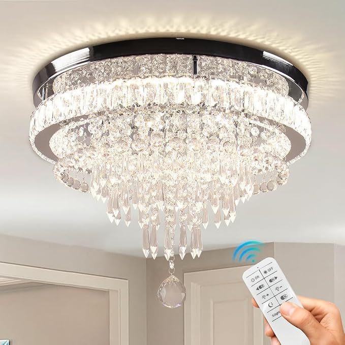 FRIXCHUR 19.7" Modern Crystal Chandeliers Crystal Ceiling Light LED Remote Control Chandelier Light Fixture for Bedrooms Living Room Dining Room Lights (Dimmable)
