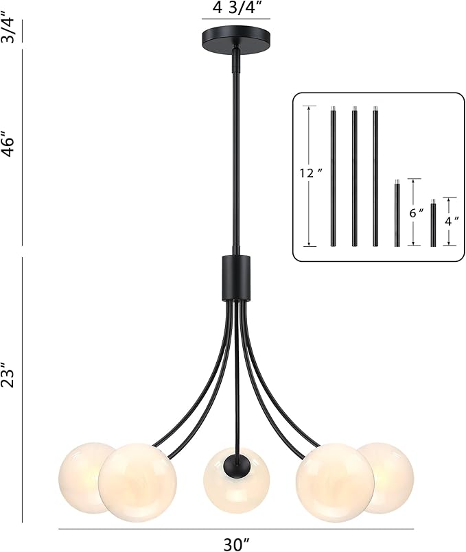 Bubble Chandelier, Modern Sputnik Dining Room 5-Light Chandelier with Black Finish and Glass Globes for Kitchen Bedroom Foyer and Living Room
