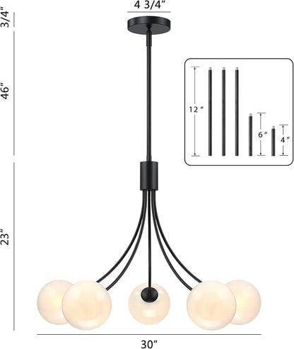 Bubble Chandelier, Modern Sputnik Dining Room 5-Light Chandelier with Black Finish and Glass Globes for Kitchen Bedroom Foyer and Living Room