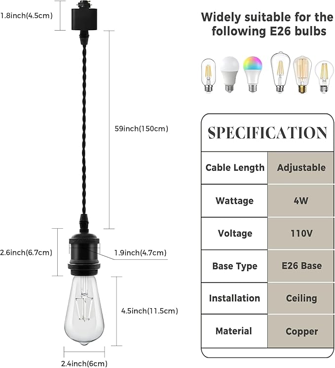 Universal H-Type Track Pendant Lighting Kit with 6 Bulbs, 6-Pack Black Hanging Track Lighting Fixtures, 4000K Natural Light, E26 Base for Kitchen Island, Dining Room & Living Area