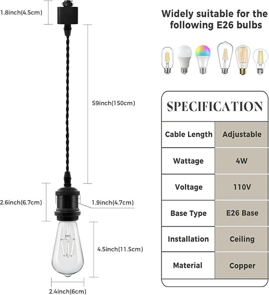 Universal H-Type Track Pendant Lighting Kit with 3 Bulbs, 3-Pack Black Hanging Track Lighting Fixtures, 4000K Natural Light, E26 Base for Kitchen Island, Dining Room & Living Area