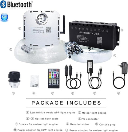 AKEPO 32W RGBW Bluetooth App Control+Twinkle+Music Mode+Shooting Star Effect Fiber Optic Lights Kit, Star Ceiling Sky Light 800pcs of (0.75+1+1.5mm) 16.4ft/5m Fiber Strands for Car Home Movie Theater