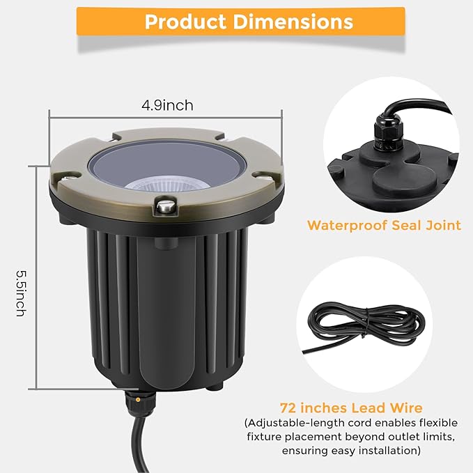 Gardencoin Brass Low Voltage Landscape Well Lights (5" Cover, 5.5" Tall), 12V LED Wired In-Ground Outdoor Up Lighting Fixture Waterproof, Adjustable Beam Direction Base, Without MR16 Bulb (12 Pack)