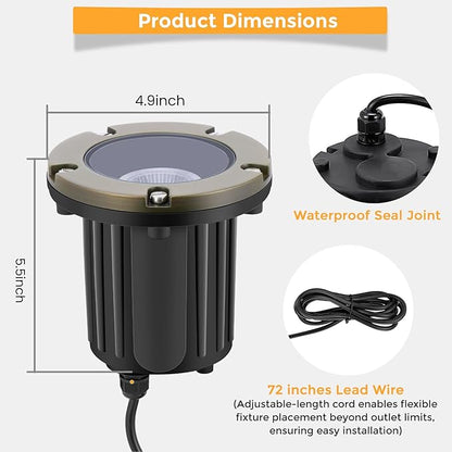 Gardencoin Brass Low Voltage Landscape Well Lights (5" Cover, 5.5" Tall), 12V LED Wired In-Ground Outdoor Up Lighting Fixture Waterproof, Adjustable Beam Direction Base, Without MR16 Bulb (12 Pack)