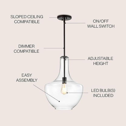 JONATHAN Y 13.25" Oil Rubbed Bronze/Clear Mid-Century Modern 1-Light LED Pendant Light Fixture, Adjustable Schoolhouse Hanging Lamp for Kitchen Island, Clear Glass Shade, LED Bulb Included (JYL6401B)