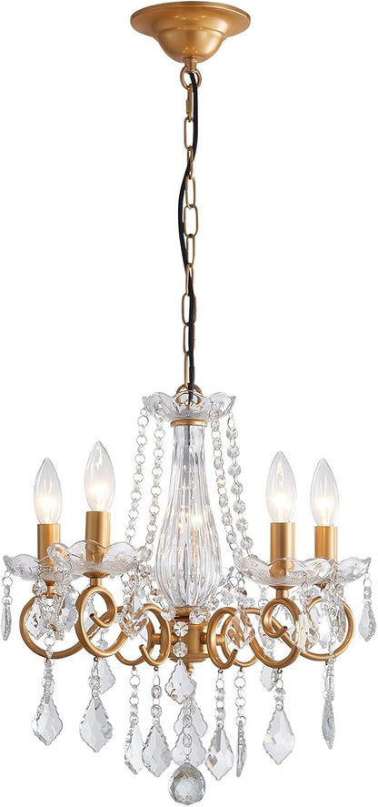 Crystal Chandelier, 5-Light Chandelier for Dining Room Light Fixture, K9 Crystal Pendant Ceiling Light Fixture, Modern Candle Chandelier for Living Room Kitchen Island Entryway Bedroom (Gold)