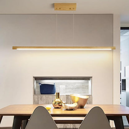 Modern Wooden Pendant Light, 39IN White Ash Wood Chandelier with Remote Control 3000k-6500K Adjustable Color Temperature，Aluminum Island Lighting Lamp for Dining Room, Living Room B