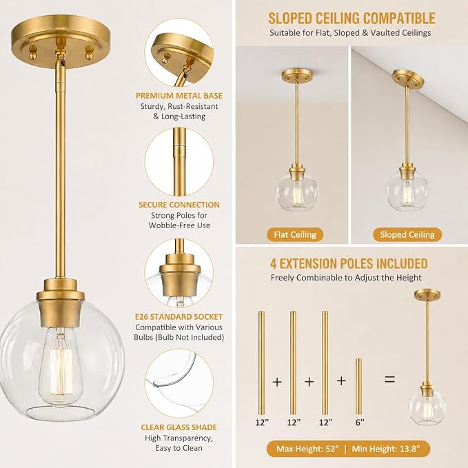 Gold Pendant Light, 7 Inch Clear Glass Farmhouse Hanging Fixture, Adjustable Height & Sloped Ceiling Compatible for Kitchen Island Dining Room Entryway Bedroom Hallway, 2 Pack