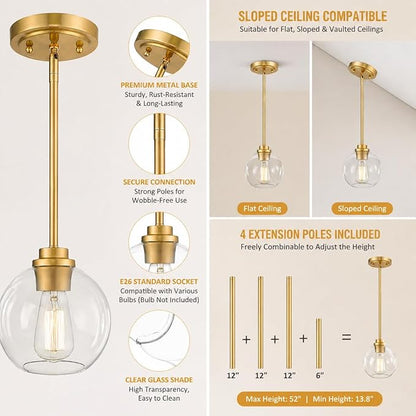 Gold Pendant Light, 7 Inch Clear Glass Farmhouse Hanging Fixture, Adjustable Height & Sloped Ceiling Compatible for Kitchen Island Dining Room Entryway Bedroom Hallway, 2 Pack