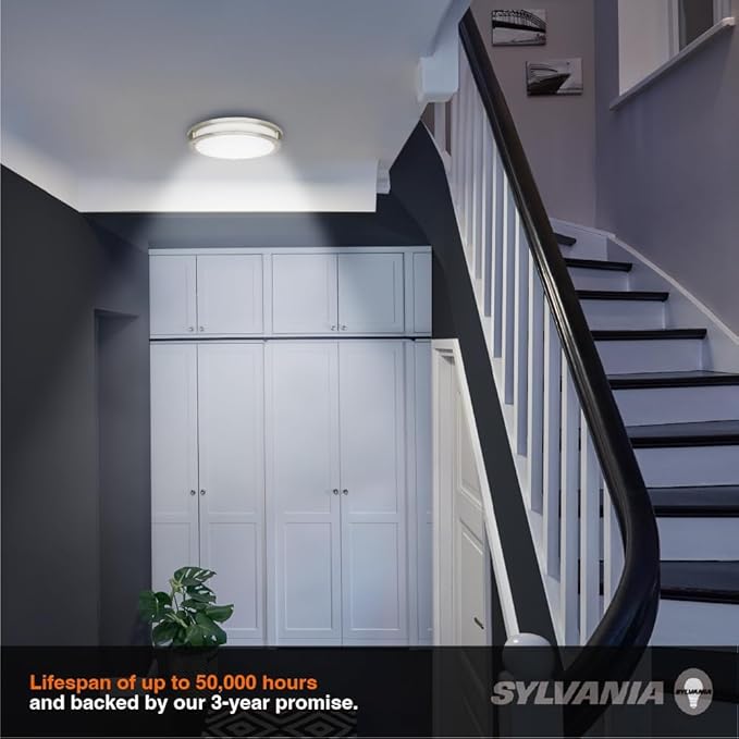 Sylvania 12" Flush Mount LED Ceiling Light Fixture, 25W, 5 CCT Select (2700K - 5000K), Dimmable, 1800 LMS, Brushed Nickel, LED Lights for Bedroom Kitchen Hallway - 1 Pack (66458)