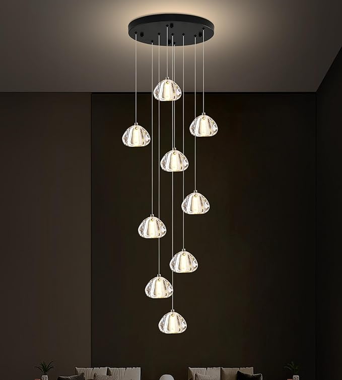 Modern Crystal Chandelier 9-Lights High Ceiling Raindrop Chandelier Lighting Fixture, LED Round Indoor Lighting Fixture Black for Foyer Staircase Living Room
