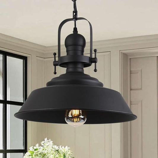 14" Farmhouse Pendant Light, Industrial Rustic Hanging Light Fixture with Matte Black Finish for Kitchen Island, Dining Room, Barn, Metal Dome Shade