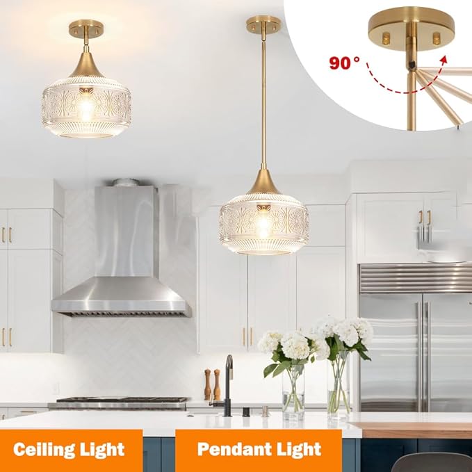 Vintage Gold Pendant Light with Clear Glass, Adjustable Pendant Lighting for Kitchen Island Brushed Pendant Lights Convertible Ceiling Mount Or Hanging Fixture for Hallway Bathroom,Brown Bronze