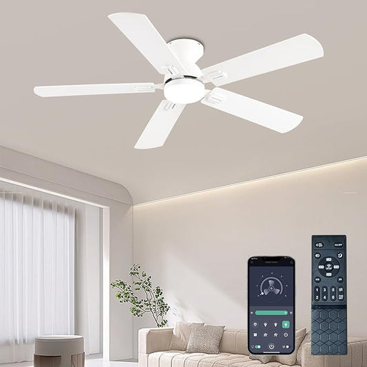 GJeg Ceiling Fans with Lights, 52 Inch Low Profile Ceiling Fan with Light and Remote, Flush Mount Ceiling Fan, 3CCT, Dimmable, Noiseless, Ceiling Light Fan for Bedroom, Indoor/Outdoor Use,White