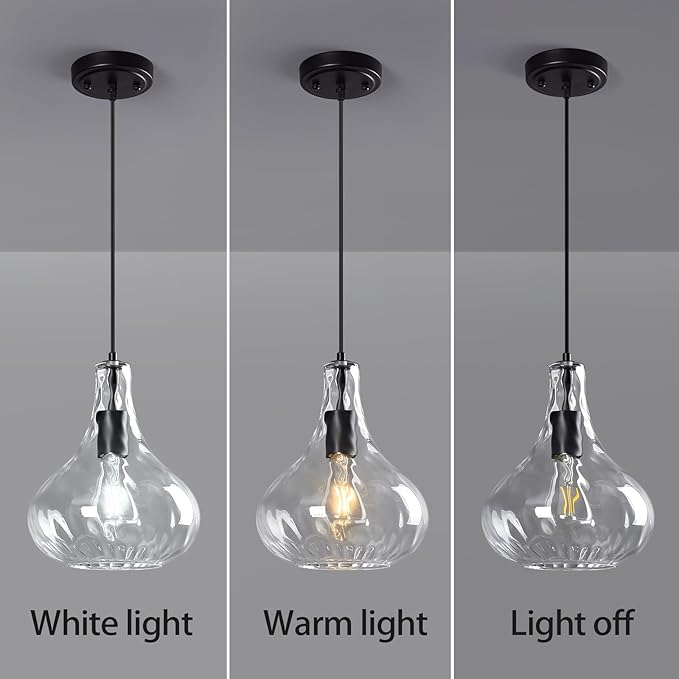 Modern Glass Pendant Light 9.44 in Clear Hammered Glass Shade Black Farmhouse Island Pendant Lights for Kitchen Pendant Lighting Over Sink Dining Room Bedroom