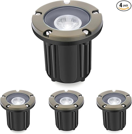 Gardencoin Brass Low Voltage Landscape Well Lights (5" Cover, 5.5" Tall), 12V LED Wired In-Ground Outdoor Up Lighting Fixture Waterproof, Adjustable Beam Direction Base, Without MR16 Bulb (4 Pack)