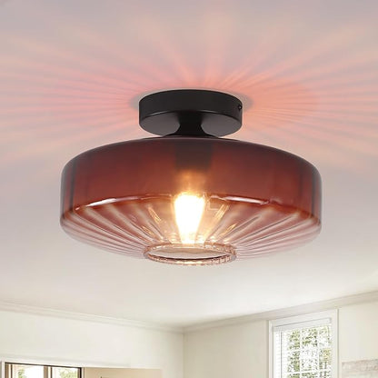 Mid Century Ceiling Light, 11.8 Inches Glass Semi Flush Mount Ceiling Light Retro Small Chandelier Mid Century Vintage Modern Coffee Glass Overhead Lighting E26
