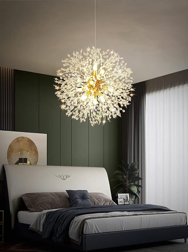Gold Crystal Chandeliers 12-Light Modern Dandelion Light Fixture,Firework Chandelier,Personalized Ceiling Hanging Lighting for Bedroom,Dining Room,Living Room Chandelier