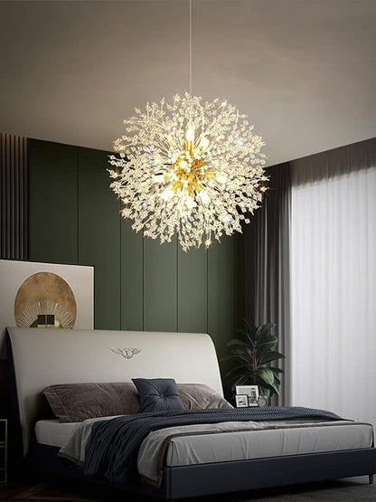 Gold Crystal Chandeliers 12-Light Modern Dandelion Light Fixture,Firework Chandelier,Personalized Ceiling Hanging Lighting for Bedroom,Dining Room,Living Room Chandelier