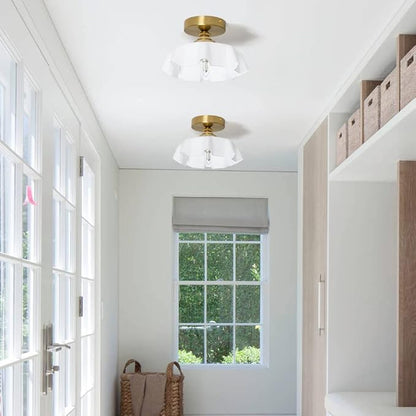 9.4in Vintage Brass Gold Semi Flush Mount Ceiling Light with Milk White Glass Shade, Farmhouse Antique Ceiling Lighting Fixture for Hallway Closet Small Room Kitchen Entryway Porch, Bulb Not Included