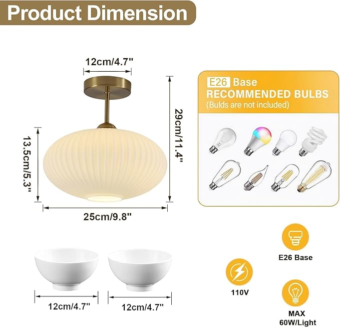 Mid Century Modern Brass Semi Flush Mount Ceiling Light Small Ribbed Milk Glass Flush Mount Ceiling Light Gold and White Flush Mount Light Vintage Hallway Lighting Fixtures