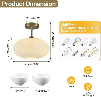 Mid Century Modern Brass Semi Flush Mount Ceiling Light Small Ribbed Milk Glass Flush Mount Ceiling Light Gold and White Flush Mount Light Vintage Hallway Lighting Fixtures
