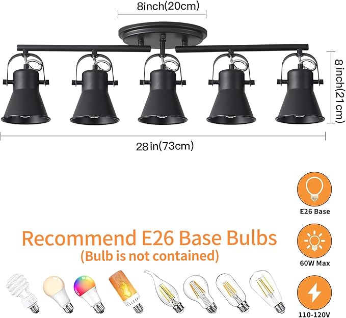 5-Light Track Lighting Kit, Directional Ceiling Light, Industrial Black Kitchen Track Lighting Fixtures Ceiling for Kitchen, Living Room, Dining Room, Hallway.