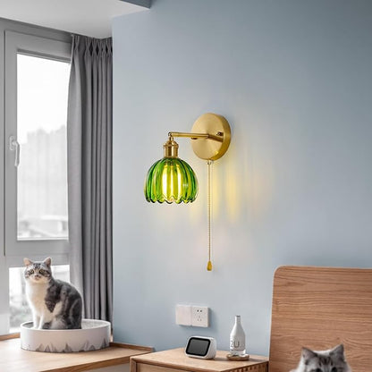 Vintage Wall Sconces with Pullswitch, 180 Degree Adjustable, Hradwired Modern Wall Lighting Fixture with Green Tulip Glass Lampshade for Bedroom Bedside Bathroom