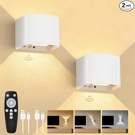 Motion Sensor Wall Lights, Wireless Rechargeable Wall Sconce with Remote Control, 10-100% Dimmable 2700-6500K, Adjustable Beam Angle, 3 Modes, 5000mAh White Wall Lamp for Bedroom, Hallway, 2-Pack
