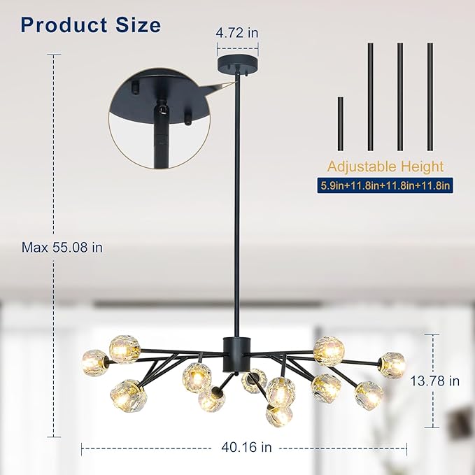 Depuley Sputnik Chandelier for Dining Room: 15-Light Ceiling Light Fixture Height Adjustable - Mid Century Black Chandelier for Bedroom Living Room Kitchen Over Table Foyer (Included G9 Bulbs)