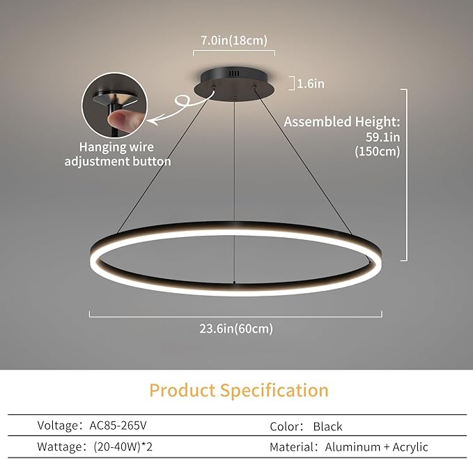 Mikeru Modern LED Chandelier Light, Ceiling Pendant Light Fixtures with Remote Control 3000k-6500K Adjustable Color Temperature Light for Living Room, Bedroom, Kitchen （23.6IN