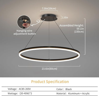 Mikeru Modern LED Chandelier Light, Ceiling Pendant Light Fixtures with Remote Control 3000k-6500K Adjustable Color Temperature Light for Living Room, Bedroom, Kitchen （23.6IN