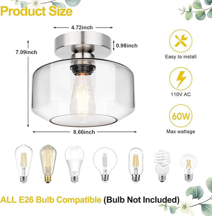 Lynnoland Industrial Semi Flush Mount Ceiling Light Brushed Nickel, Clear Glass Shade Ceiling Light Fixture, Farmhouse Light Fixture for Hallway Corridor Kitchen Bathroom Bedroom Foyer
