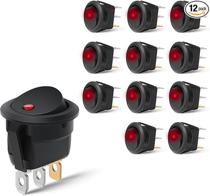 Nilight 12PCS Round Rocker Switches 12V 24V 20A Red LED Toggle swtiches SPST 3 Pin 2 Position for Car Truck Vehicle Boat Marine Rocker On Off Control