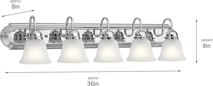 Kichler 5-Light Bathroom Vanity Light Fixture, 36" Traditional Design with Satin Etched Glass Shades in Tannery Bronze for Over Mirror Lighting (36" x 8" x 8"), 5339CHS