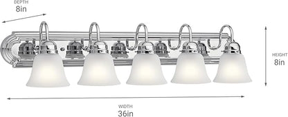 Kichler 5-Light Bathroom Vanity Light Fixture, 36" Traditional Design with Satin Etched Glass Shades in Tannery Bronze for Over Mirror Lighting (36" x 8" x 8"), 5339CHS