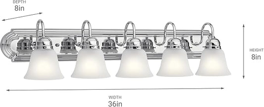 Kichler 5-Light Bathroom Vanity Light Fixture, 36" Traditional Design with Satin Etched Glass Shades in Tannery Bronze for Over Mirror Lighting (36" x 8" x 8"), 5339CHS
