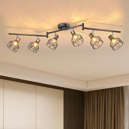 GORDNWE 6-Light Track Kits, Adjustable Track Fixtures - E12 Metal Wire Cage Retro Ceiling Lighting - Black for Kitchen, Living Room, Bedroom