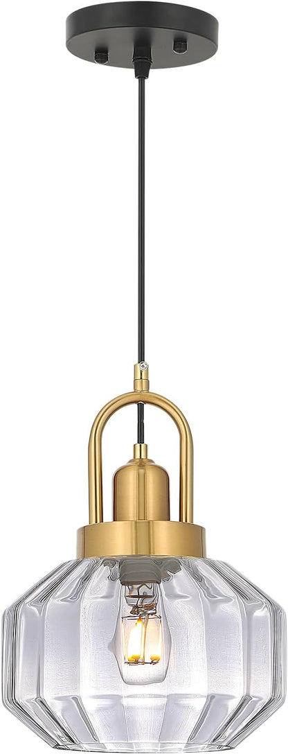 9in Mid Century Modern Clear Glass Pendant Light Fixture, Small Gold Kitchen Island Pendants Light Glass Ceiling Hanging Lamp for Foyer Dining Room Bedroom Entryway Hallway Over Sink