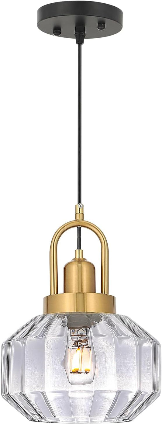 9in Mid Century Modern Clear Glass Pendant Light Fixture, Small Gold Kitchen Island Pendants Light Glass Ceiling Hanging Lamp for Foyer Dining Room Bedroom Entryway Hallway Over Sink