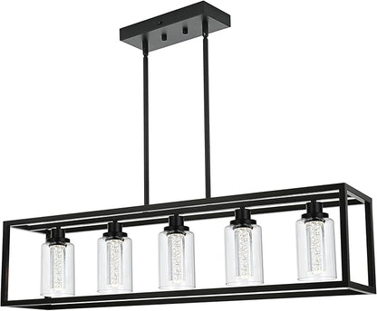 MELUCEE Dining Room Light Fixtures Over Table, 5 Light Black Kitchen Island Lighting LED Pendant Light, Linear Bubble Crystal Chandelier with Clear Glass, Built in LED chips 5-Color Temperature Adjust