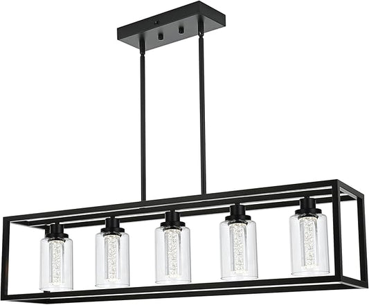 MELUCEE Dining Room Light Fixtures Over Table, 5 Light Black Kitchen Island Lighting LED Pendant Light, Linear Bubble Crystal Chandelier with Clear Glass, Built in LED chips 5-Color Temperature Adjust