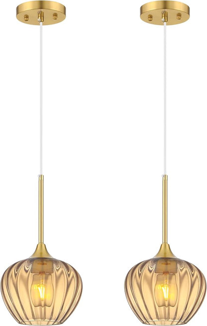 2-Pack Amber Glass Pendant Lights for Kitchen Island, 7" Modern Pendant Lighting Vintage Gold Light Fixtures Adjustable Hanging Light for Kitchen, Dining Room, Bar, Bathroom