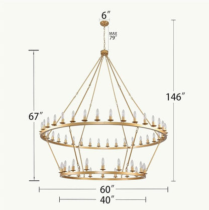 60 Inch Gold Extra Large Wagon Wheel Chandelier, 2 Tier 54-Lights Farmhouse Industrial Round High Ceiling Pendant Light Adjustable Chain, for Dining Room, Living Room
