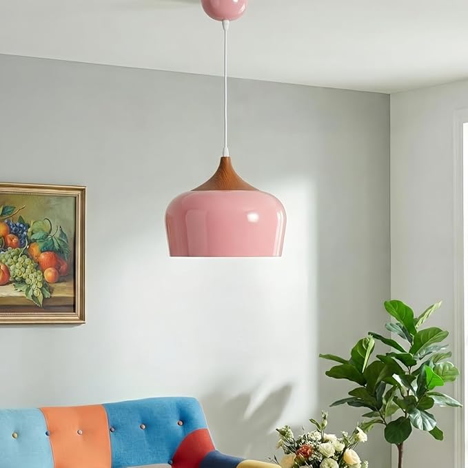 Modern Pendant Light Fxtures Kitchen, Hanging Light Fixtures Ceiling Mount, Wood Metal Shade Pendant Lamp for Dining Room, Bedroom, Living Room, Bathroom, Entryway, Small Chandelier, Pink