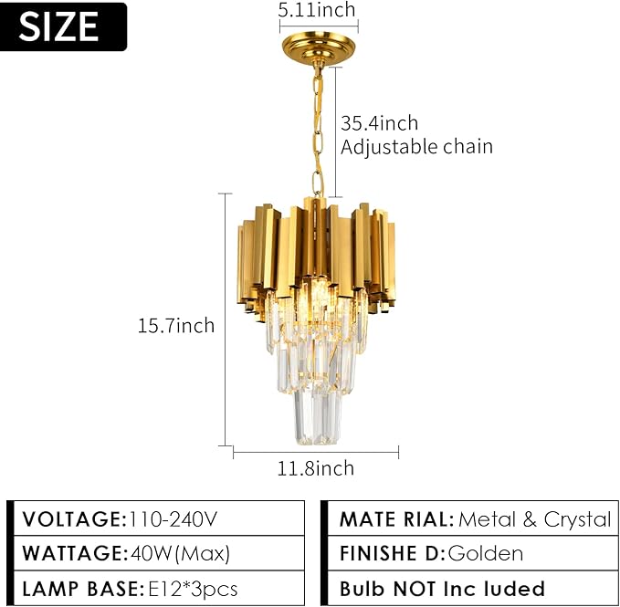 Gold Pendant Light Fixtures Dining Room Chandelier 3-Light Modern Small Crystal Pendant Lights Kitchen Island Kitchen Living Room entryway Bedroom Round Ceiling Hanging Light fixtures 3-Tiers W11.8in