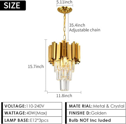 Gold Pendant Light Fixtures Dining Room Chandelier 3-Light Modern Small Crystal Pendant Lights Kitchen Island Kitchen Living Room entryway Bedroom Round Ceiling Hanging Light fixtures 3-Tiers W11.8in