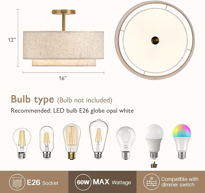 CALOKES 16" Double Drum Gold 3-Light Semi Flush Mount Ceiling Light, Classic Fabric Linen Shade Design for Living Room, Bedroom, Kitchen, Dining Room, Hallway and Entryway
