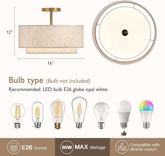 CALOKES 16" Double Drum Gold 3-Light Semi Flush Mount Ceiling Light, Classic Fabric Linen Shade Design for Living Room, Bedroom, Kitchen, Dining Room, Hallway and Entryway